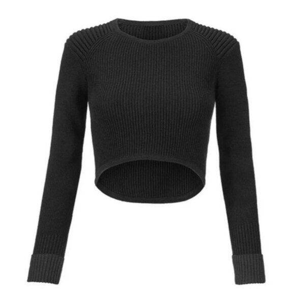 •SOLID•CABI Solid Black Ribbed Prep Cropped Pullover Crewneck Women's Sweater S - Picture 1 of 10